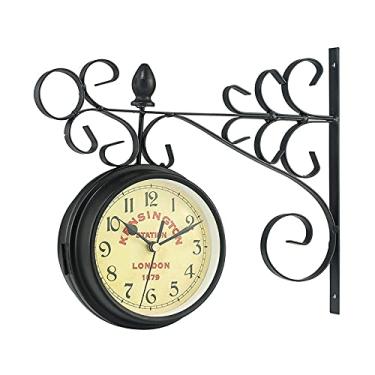 Imagem de SLGGPJBU Relógio de parede retrô, estação dupla face, relógio de jardim, à prova de intempéries, ao ar livre, nostalgia, relógio de estação com mostrador de dupla face, relógios de parede de metal