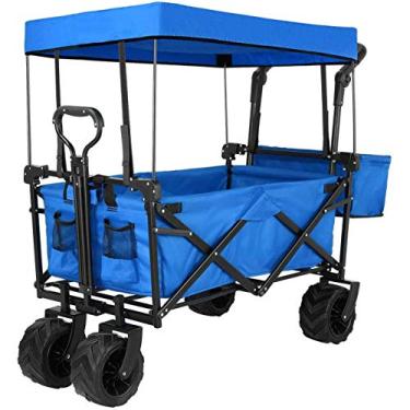 Imagem de U5GAAALPPQ9 Vagão utilitário dobrável, carrinho de mão portátil dobrável resistente com dossel removível, para compras, piquenique, praia, acampamento (azul) (azul)