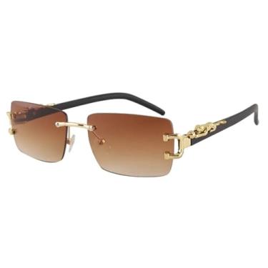 Imagem de HPIRME Óculos de grau retangulares decorativos com proteção UV400 nas bordas, armação de metal sem aro (lentes degradê chá).