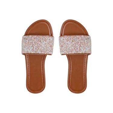 Imagem de BEAUDRM Pantufas femininas com glitter com pérolas brilhantes com contas e bico aberto, MOCHA MARROM, 40