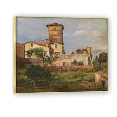 Imagem de NHLDZYH Moldura dourada. Trabalho mestre do romance norueguês, réplica de quadro de J. C. Dahl, paisagem atmosférica, arte de parede com moldura para biblioteca ou sala. (Villa Malta). 50 x 60 cm.