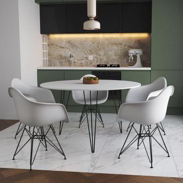 Imagem de Mesa Jantar Redonda 110Cm Branca Clips 3 Pés Com 5 Poltronas Brancas Ferro Preto - Cor: Branco