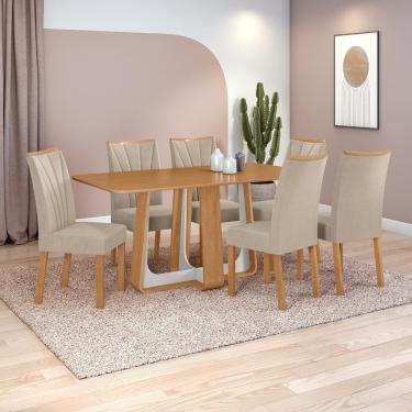Imagem de Conjunto Sala De Jantar Mesa Easy Pop 170x90cm Tampo Mdf Com 6 Cadeiras Confort Veludo Naturale Creme Amêndoa/off White