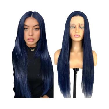 Imagem de Peruca Sintética Longa Lisa Azul Escuro Com Renda Frontal Para Mulhere