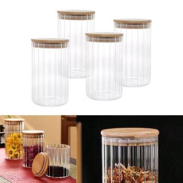 Imagem de Kit 4 Potes Vidro Mantimento 640 ML Canelado Tampa de Bambu - Casa Raf
