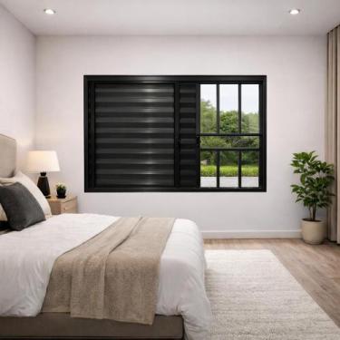 Imagem de Janela Veneziana 3 Folhas Com Grade Alumínio Preto 100x120 - Brecorimo