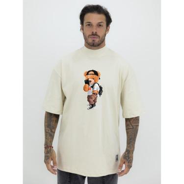 Imagem de Camiseta Camisa Oversized Gola Alta Estampa Teddy Urso Selfie Streetwear Algodão Premium Creme-Masculino