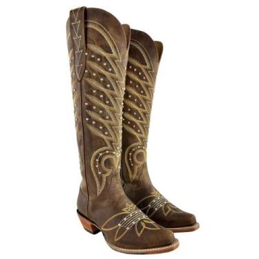 Imagem de Bota Texana Feminina Goyazes Bico Fino Cano Alto Fashion Couro Dallas 