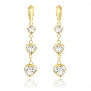 Imagem de Brinco de Ouro Com 3 Corações Pedras De Zircônias - Sofistgold, Branco