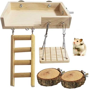 Imagem de kathson Plataforma de madeira de hamster anão com escada brinquedos de escalada conjunto de parquinho para hamster acessórios para gaiola de engatinhar Gerbil, 5 peças