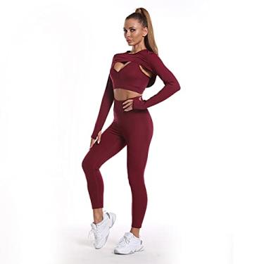 Imagem de Yajun 3 peças roupas de ioga stretch treino academia roupas legging levanta bumbum fitness manga longa + sutiã esportivo feminino agasalho, vermelho, P (busto: 80 cm)