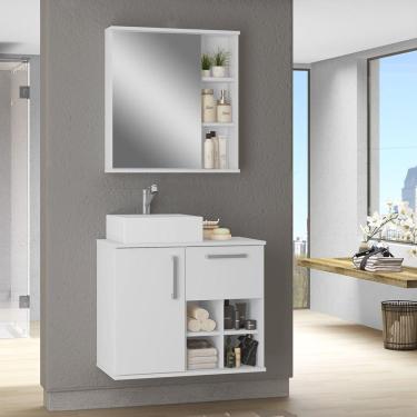 Imagem de Conjunto para Banheiro 3 Peças 1 Gabinete com Cuba 1 Armário com Espelho 70cm Bia Móveis Bosi Branco