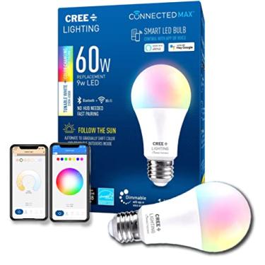 Imagem de Cree Lighting Lâmpada LED inteligente Connected Max A19 60W ajustável branca + mudança de cor, 2,4 GHz, funciona com Alexa e Google Home, sem hub necessário, Bluetooth + WiFi, 1 pk