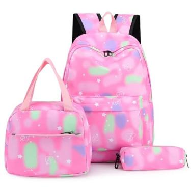 Imagem de 3 unidades/set mochila adolescente saco de escola alça ajustável moda mochila de viagem à prova à prova d' água água volta para o miúdo (rosa)