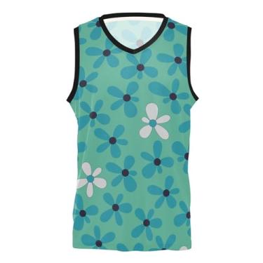 Imagem de KLL Camiseta de uniforme de basquete com estampa de flores azul-petróleo para homens e mulheres, Flores azul-petróleo, M