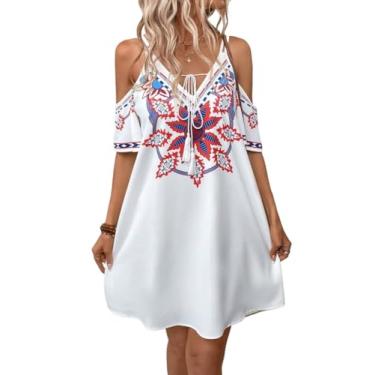 Imagem de Camisa Feminina Floral Print Cold Shoulder Tassel Tie Front Dress (Color : White, Size : X-Small)