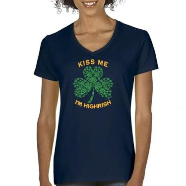 Imagem de Camiseta feminina com gola V Kiss Me I'm Hirish Dia de São Patrício engraçada 420 Weed Smoking Paddy's Shamrock Irish Shenanigans, Azul marinho, M