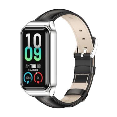 Imagem de MIJOBS Pulseira para Amazfit Band 7, pulseira de substituição de couro legítimo, acessórios para Amazfit 7, 2 pretos + prata