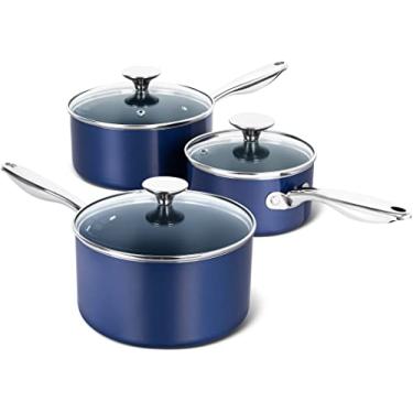 Imagem de MICHELANGELO Conjuntos de panelas, panelas de cerâmica com tampas, 1 litro e 2 qt & 3Qt & 3Qt panelas com tampa, conjunto de panelas antiaderentes, panela pequena com cabo de aço inoxidável, seguro para forno, azul