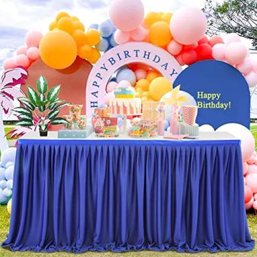 Imagem de Saias de mesa plissadas azul royal para mesa retangular de 2,4 m de comprimento para chá de bebê, casamento, aniversário, revelação de gênero, festas, sobremesa, decoração de bolo