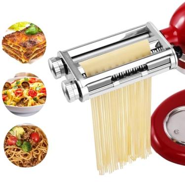 Imagem de Acessório de máquina de macarrão para misturadores KitchenAid, conjunto 3 em 1 incluído, rolo de folha de macarrão, cortador de espaguete, acessórios para cortador de fettuccine, folhas e cortadores