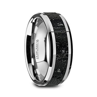 Imagem de Aliança de casamento masculina de tungstênio polido - incrustação de pedra vulcânica preta e cinza - bordas chanfradas polidas - 8 mm de largura - Nome do estilo: KILAUEA, Metal