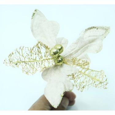 Imagem de Kit 8 Flor Artificial Decoração Brilho Ouro Glitter 15cm