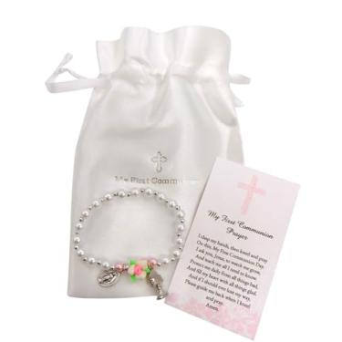 Imagem de Pulseira elástica rosa de primeira comunhão com cartão de oração e bolsa de presente