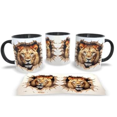 Imagem de Caneca Preta de Porcelana Personalizadas Arte Espelhada em 3D Animais (Leão 2)