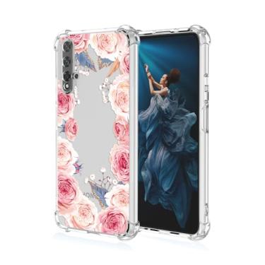 Imagem de RRXSYXL Capa para celular Huawei Nova 5T Honor 20 com estampa floral transparente, proteção à prova de choque, capa de TPU macio para Huawei Nova 5T Honor 20, rosa floral