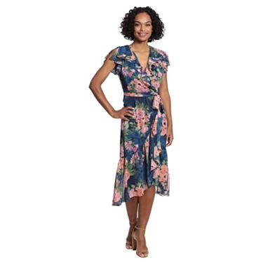 Imagem de London Times Vestido feminino macio com babados e cobertura de braço, Azul-marinho/rosa claro, 38