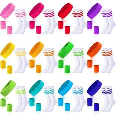 Imagem de Conjunto de pulseiras e meias listradas, faixas absorventes de algodão, faixa de suor, meias altas para mulheres, homens, academia, anos 80, faixas de moletom de festa neon (cor delicada, conjunto com 12)