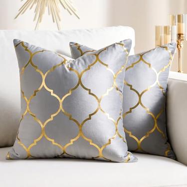Imagem de Wosendy Pacote com 2 capas de almofada decorativas de veludo dourado 45,7 cm x 45,7 cm Capa de almofada moderna rústica quadrada cinza macia para sofá cama sala de estar carro decoração de casa