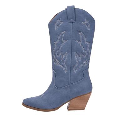 Imagem de Kassie Daniela Bota feminina caubói salto ocidental cano médio rodeio roupa fashion Julia, Jeans azul, 41