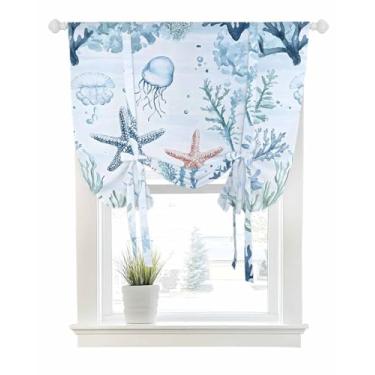 Imagem de Cortinas de amarrar para janelas aquarela, azul, mundo subaquático, estrela-do-mar, coral, bolso para varão, persiana ajustável, balão, cortina, sanefa, oceano costeiro, animal para cozinha, banheiro,