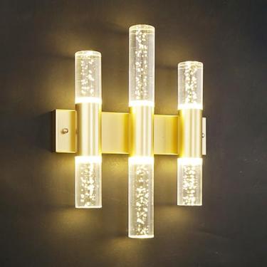 Imagem de Elegante arandela de cristal LED dourada tubo longo vidro banheiro penteadeira luz 3000K/6000K, moderna lâmpada de parede bolha cristal arandelas modernas de alumínio com fiação dourada ilum