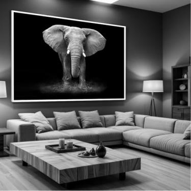 Imagem de Quadro Decorativo com Moldura Sala 90x60 Elefante Preto e Branco Luxo Grande Horizontal
