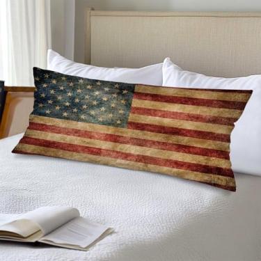 Imagem de Capa de almofada lombar com bandeira americana, 35,5 x 91,5 cm, capas de travesseiro de corpo longo para cama, retrô vintage bandeira dos EUA, decoração patriótica, protetor de fronha, fronhas de sofá