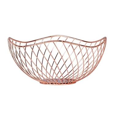 Imagem de Cesta de piquenique cesta de armazenamento de metal estilo nórdico frutas vegetais decoração tigela rack mesa de jantar decoração de casa (cor: ouro rosa)