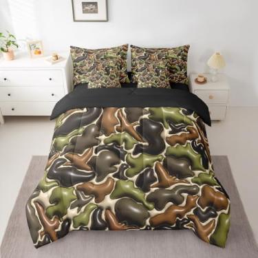Imagem de Jogo de cama de caçador de pato camuflado, 7 peças, cama casal de caça de pato infantil em uma bolsa, conjunto de cama de camuflagem inclui edredom, conjunto de lençol, fronhas e fronhas, respirável,