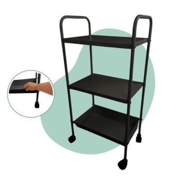 Imagem de Mesa Carrinho Auxiliar Preta 2 Prateleiras 1 Bandeja Aço Manicure Inst