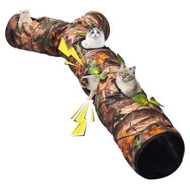 Imagem de FelRelWel Túnel para gatos em ambientes internos grandes, brinquedo para cama de gato com três canais e folhas, caverna para gatos em forma de Y, dobrável e fácil de armazenar, adequado para gatos e