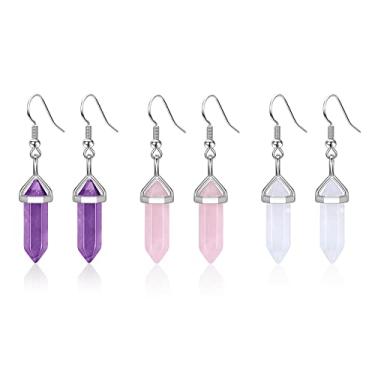 Imagem de Jovivi Conjunto De 3 Pares Brincos Pendentes Com Pontas Hexagonais Cristal Curativo, Ametista Natural, Quartzo Rosa, Pedra Transparente Para Mulheres, Joias Reiki Pedras Preciosas Chakra