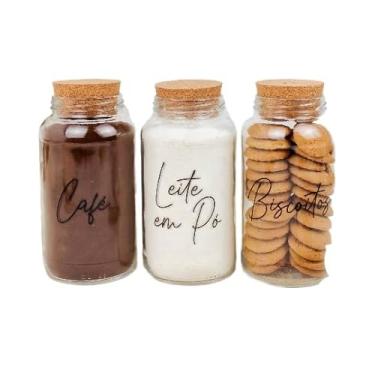 Imagem de Kit Cantinho do Café 810ml | ESCOLHA SEU KIT | Potes de Vidro | Tampa de Cortiça com ou sem Adesivos | Armazenamento(Café, Leite em Pó e Biscoitos)