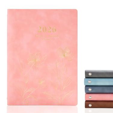 Imagem de KaiRuiYing Caderno de agenda recarregável A5 tamanho 6 anéis de couro PU diário com bolsos, divisórias, refil de papel (flores-rosa)