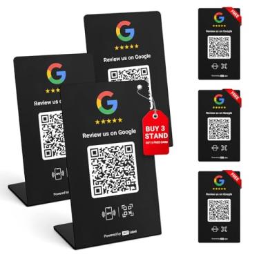 Imagem de HotLabel Suporte Google Review Pacote com 3 + Cartão de Toque Bônus Google Review Pacote com 3 – Preto – NFC Tap & QR Code – Suporta 6 lojas diferentes ou mesmo – Compatível com todos os telefones