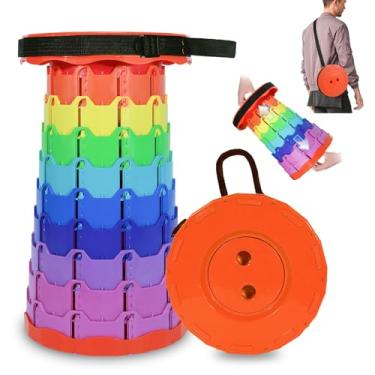 Imagem de RizzQi Banco dobrável portátil, assento dobrável de altura ajustável para adultos e crianças, banco telescópico retrátil leve para acampamento, viagens, pesca, uso externo e interno (laranja arco-íris
