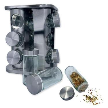 Imagem de Porta Condimento Inox Com 12 Pote De Tempero Vidro Giratório - FRATELL