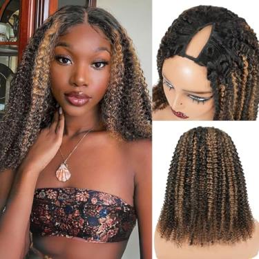 Imagem de Homgoss Perucas de cabelo humano cacheado crespo destacadas para mulheres, 200% densidade FB30 cor peruca de cabelo humano, sem costura, não deixa de fora, sem cola, touca de rede rosa, melhoria FB30