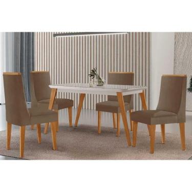 Imagem de Mesa Cozinha Havana c/ Tampo Madeirado c/ Vidro Canto Curvo 120x80cm e 4 Cadeiras Dakota Madeira Maciça Naturale/Off White - Capuccino/Suede Capuccino
